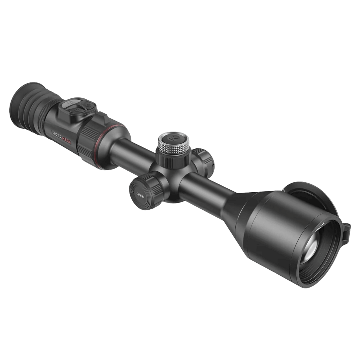 Front left perspective of the Nocpix ACE 2 H50R thermal scope showing the side battery cap for swappable 18650 cells, the main 30mm chassis tube, and the 50mm front bell housing