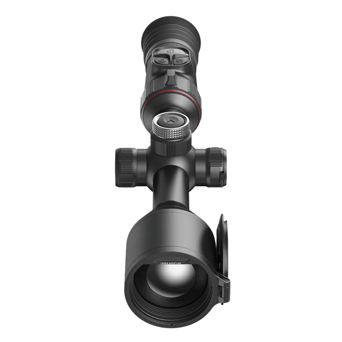 Direct front view of the Nocpix ACE 2 H50R displaying the large 50mm F0.9 germanium objective lens and the integrated laser rangefinder aperture inside the flip-up protective cap