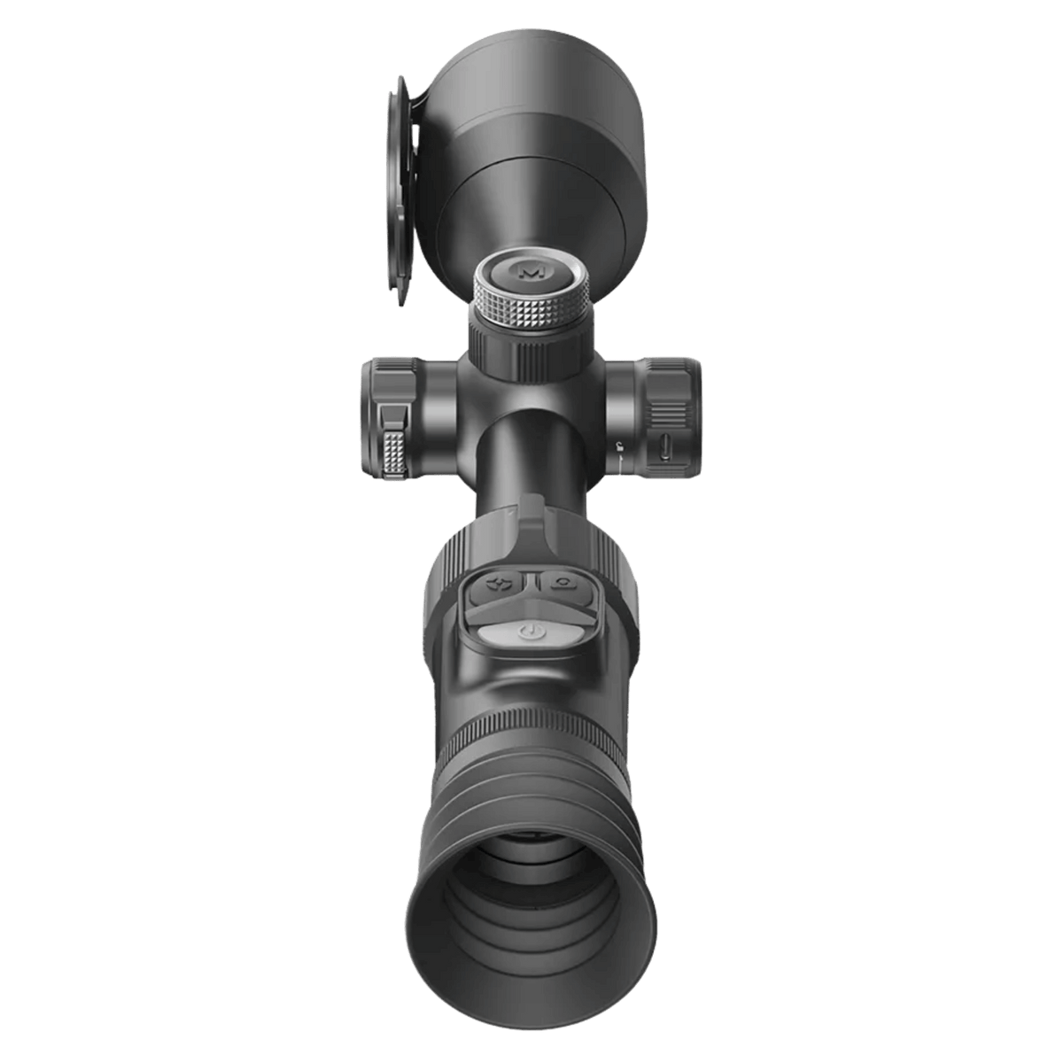 Rear eyepiece view of the Nocpix ACE 2 H50R thermal riflescope showing the ocular diopter adjustment ring, accordion rubber eyecup, and high-definition 2560×2560 circular AMOLED display opening