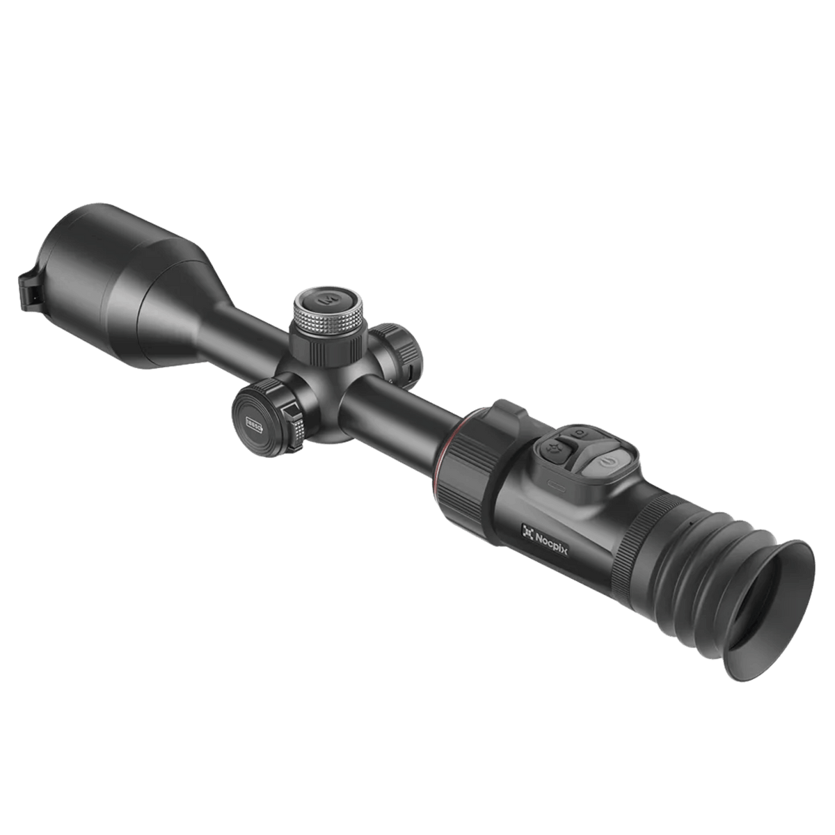 Rear right angle of the Nocpix ACE 2 H50R showcasing the mechanical Ocular Zoom 2.0 ring, the rotary controller knob, and the ergonomic ocular housing assembly