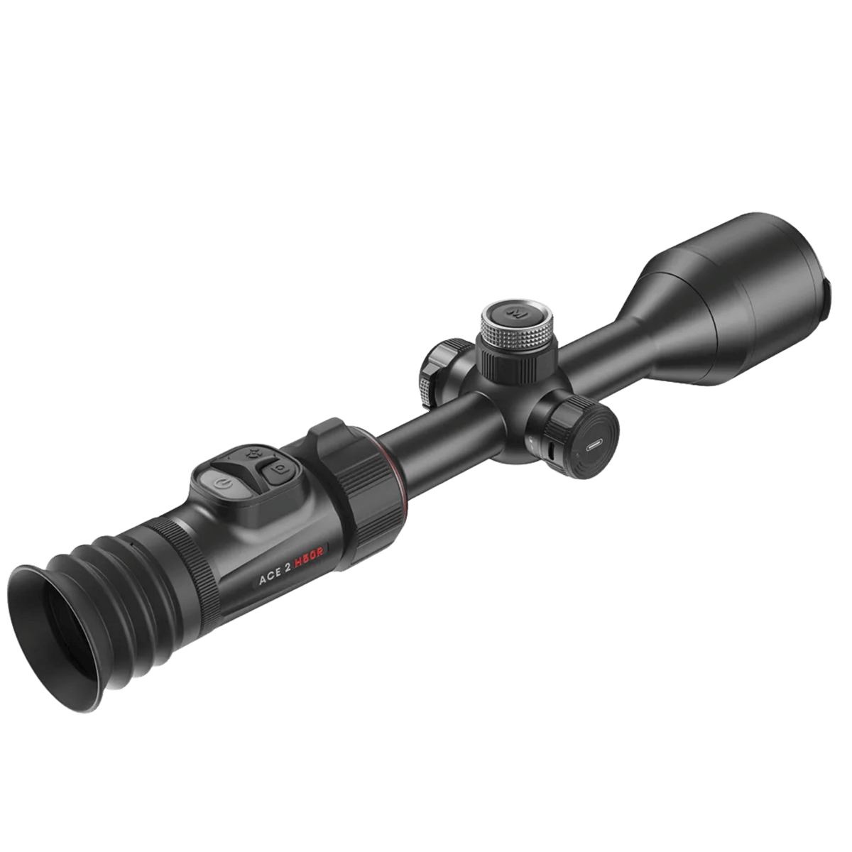 Rear left perspective of the Nocpix ACE 2 H50R detailing the Ocular Zoom 2.0 adjustment collar, sealed USB Type-C charging port, and central turret assembly