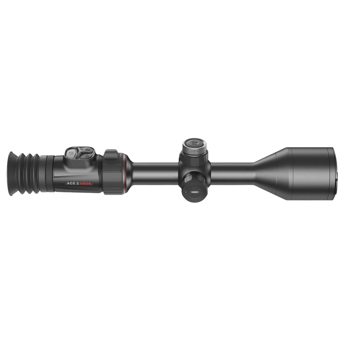 Complete right profile of the Nocpix ACE 2 H50R thermal imaging scope displaying the side-mounted rotary controller, top central focus turret, and balanced magnesium alloy body profile