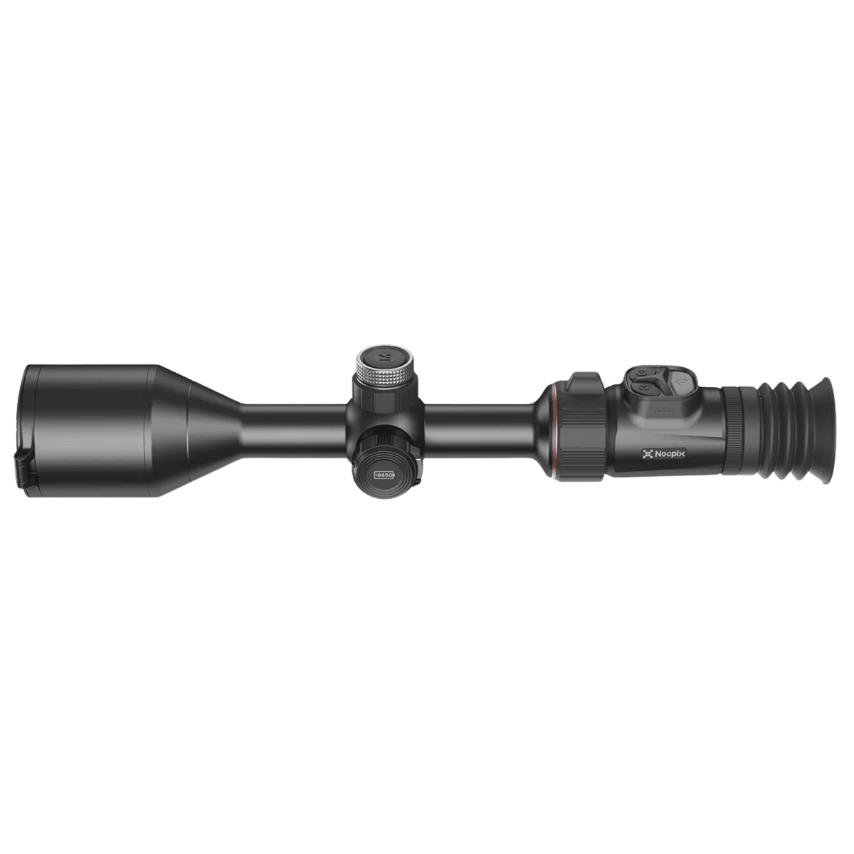Left side profile of the Nocpix ACE 2 S60R thermal scope showing overall length, external 18650 battery compartment, and low-profile mounting surface