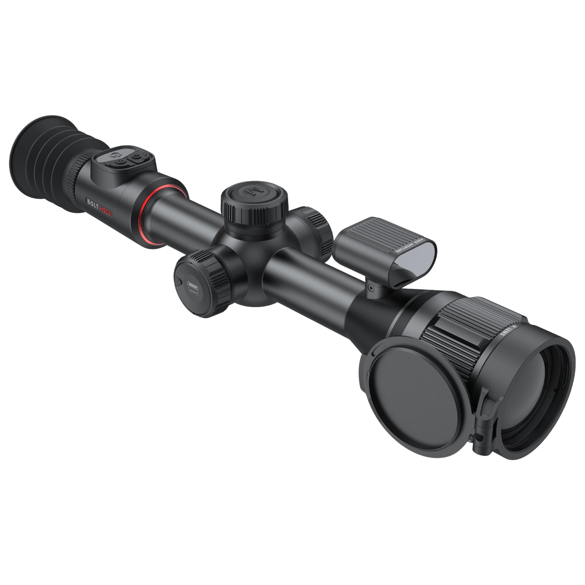 hree-quarter front-left perspective of the Nocpix Bolt H50R thermal scope, highlighting the uncooled 640x512 thermal sensor housing, the integrated periscope laser rangefinder (LRF) optical receiver port, and the ergonomic objective focus ring