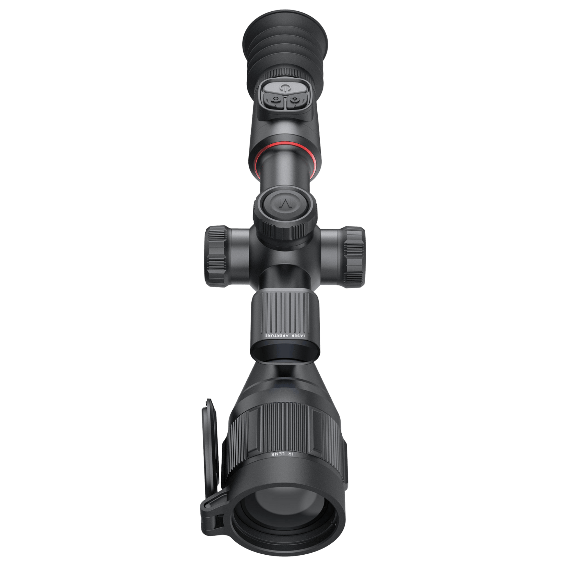 Front-facing direct lens view of the Nocpix Bolt H50R thermal riflescope, showcasing the large 50mm F1.0 high-transmission Germanium objective lens, protective flip-up lens cap, and the clean integration of the internal periscope laser rangefinder (LRF) optical windows.