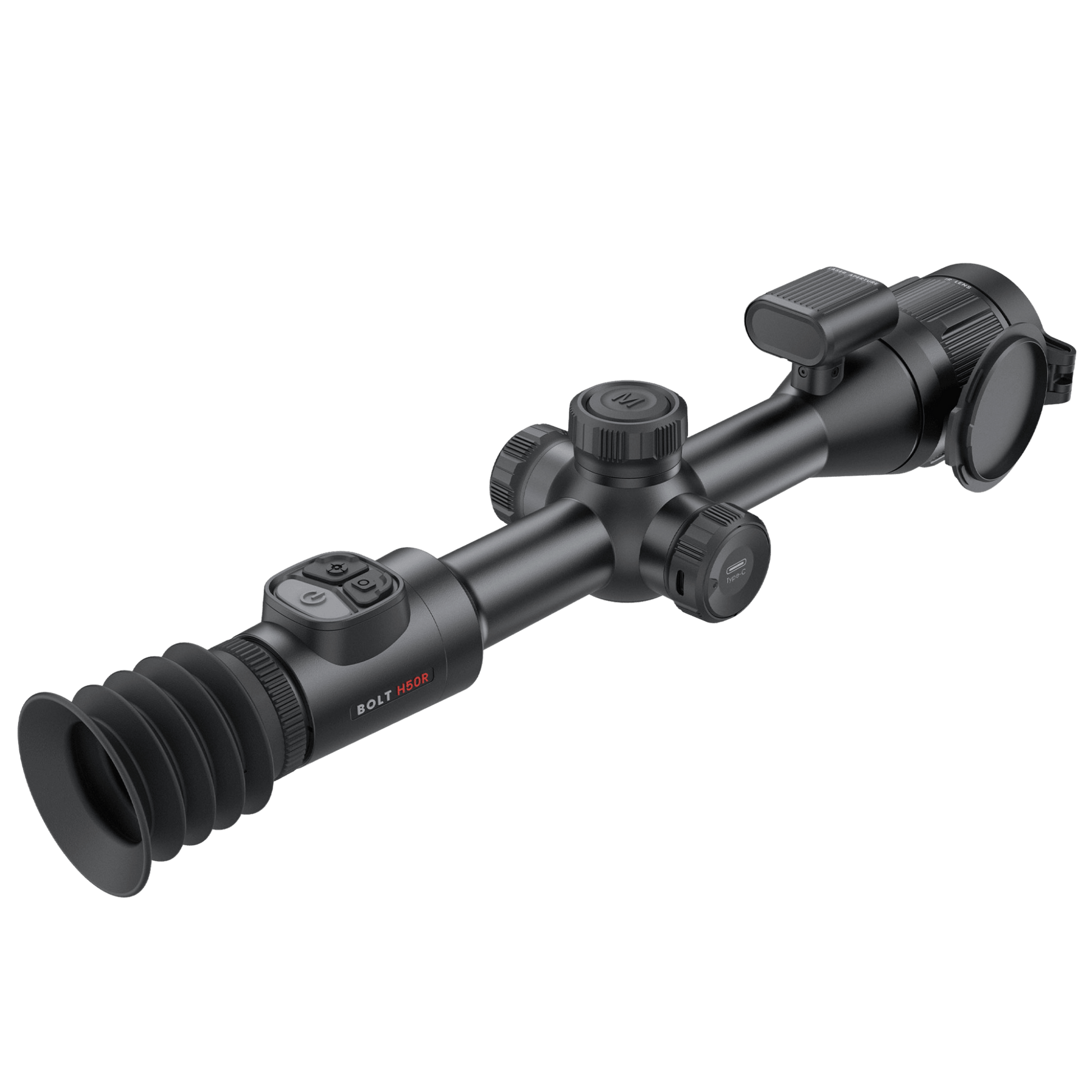 Rear ocular view of the Nocpix Bolt H50R thermal scope, displaying the ergonomic eye cup, the 1024x768 pixel rectangular display viewport, and the adjacent top-mounted control button array