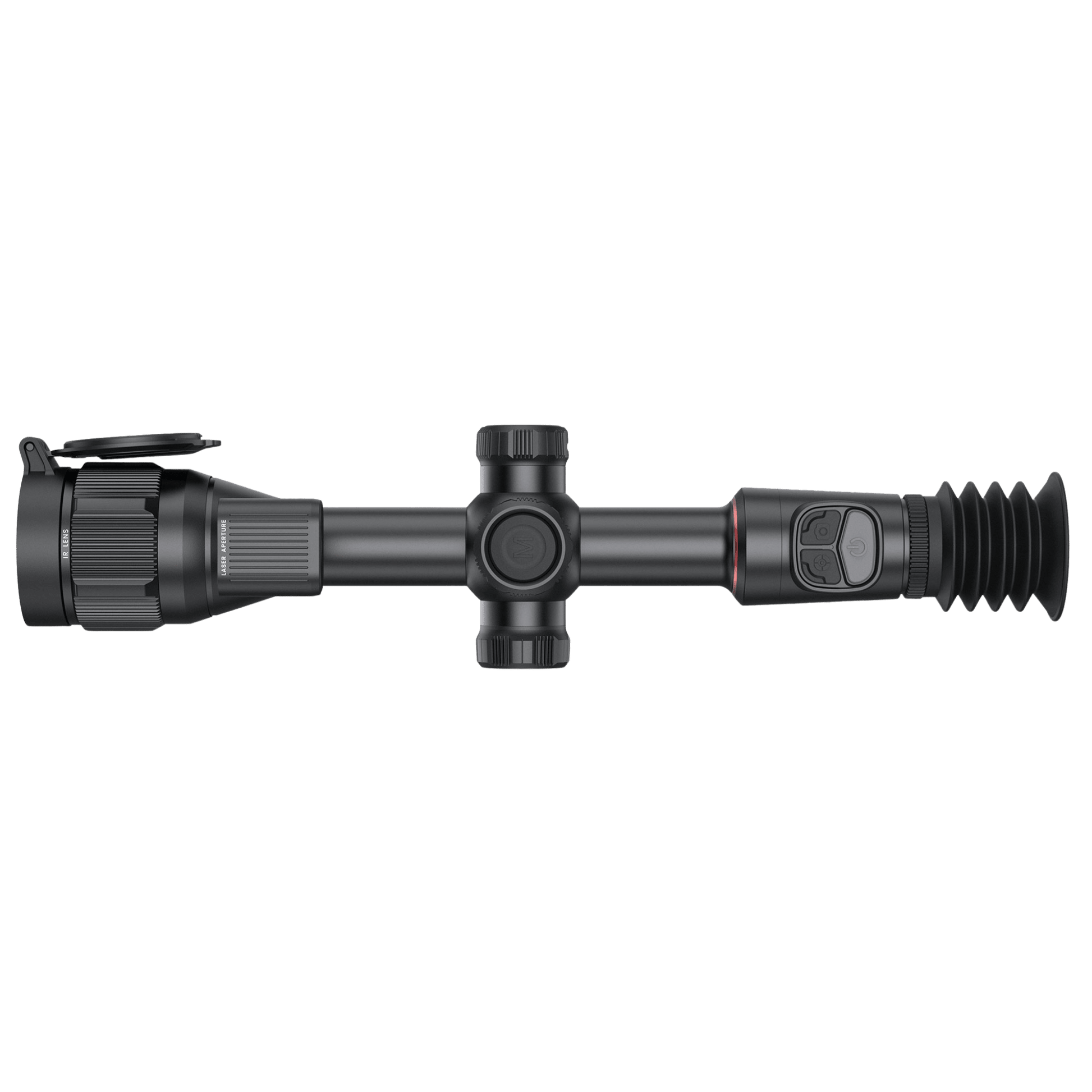 Top-down right side profile view of the Nocpix Bolt H50R thermal riflescope, highlighting the traditional 30mm aircraft-grade aluminum tube chassis, the tactical side turret, the top-mounted control button array, and the rear battery compartment for the replaceable 18650 power cell