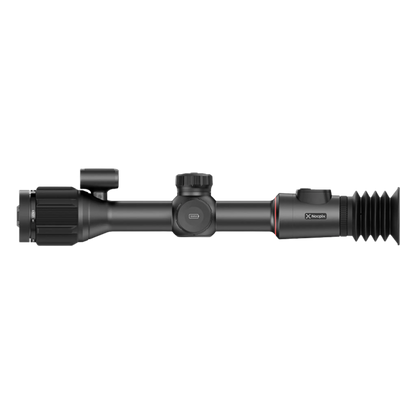
A side profile view of the Nocpix Bolt L35R thermal riflescope, with the objective lens on the left and the rubber eyepiece on the right. The image shows the scope's main body, turrets, and control panel.