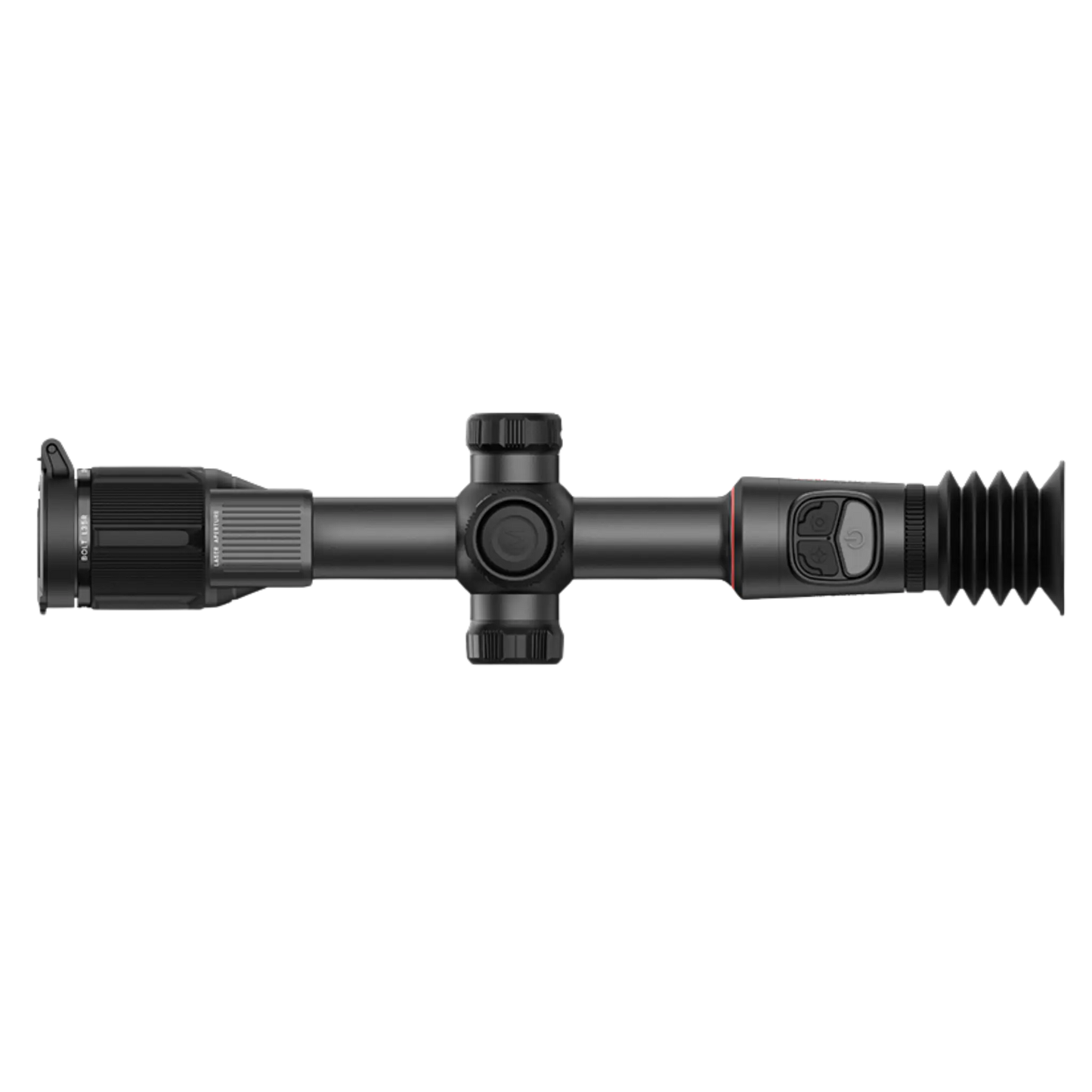 
A top-down view of the Nocpix Bolt L35R thermal riflescope, clearly showing the control panel with its buttons, the main turrets, and the brand name on the body.