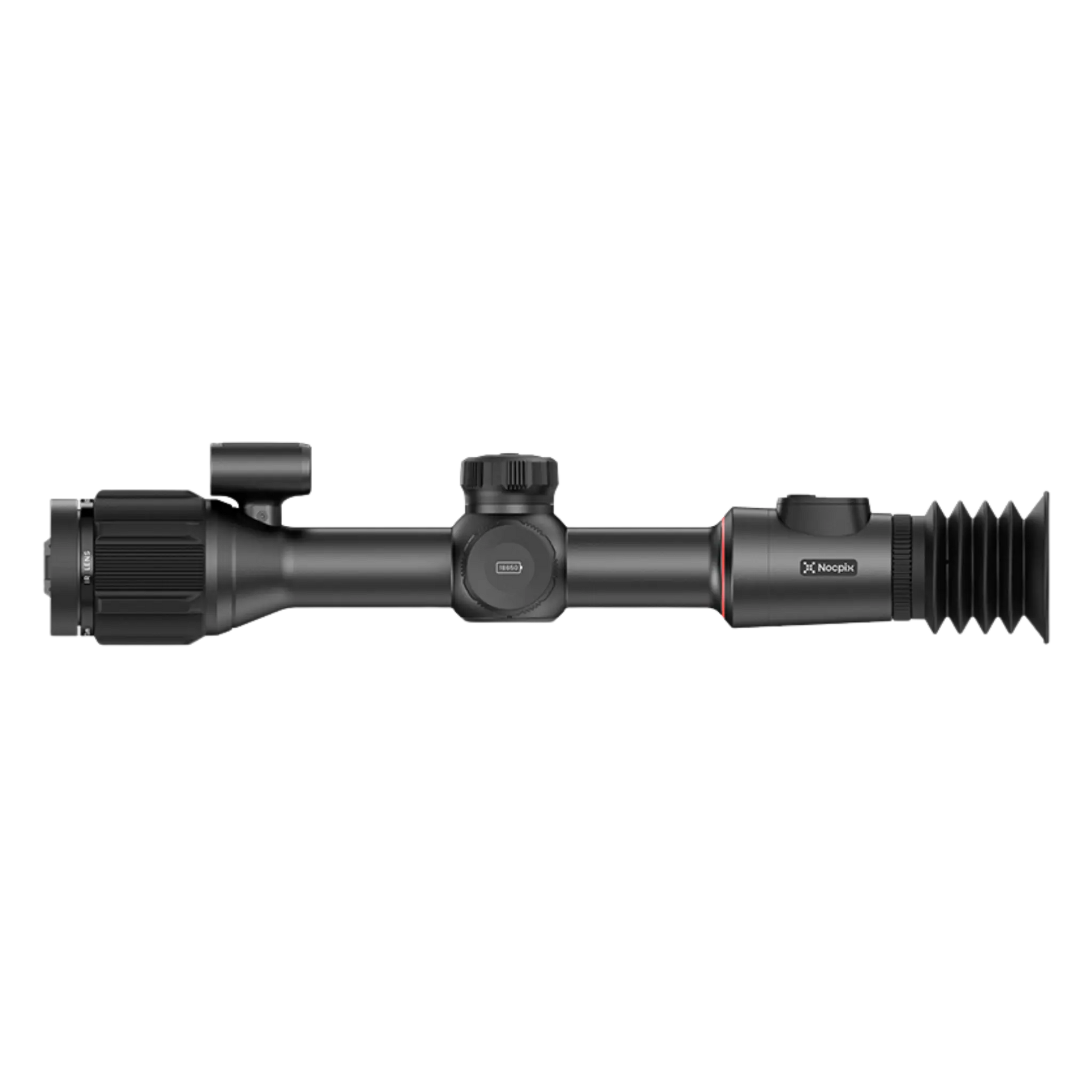 
A side profile view of the Nocpix Bolt L35R thermal scope, with the objective lens on the left and the rubber eyepiece on the right. The image shows the scope's main body, turrets, and control panel.