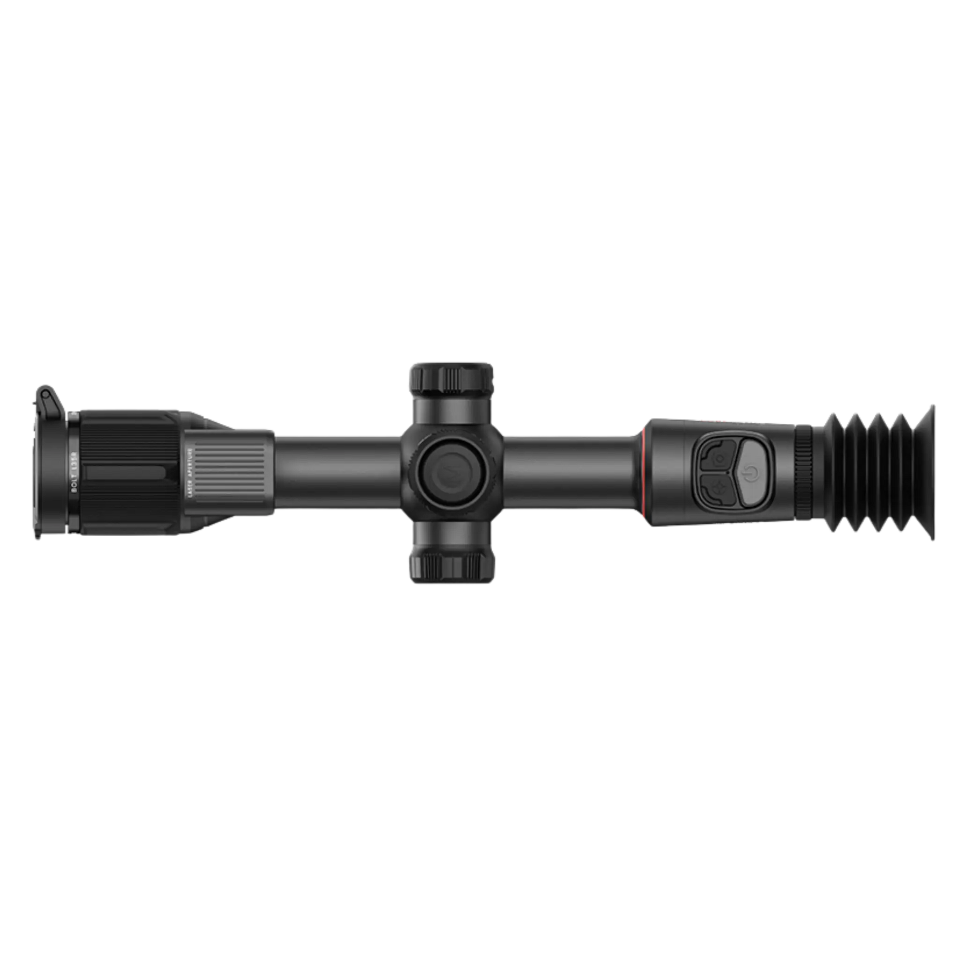 
A top-down view of the Nocpix Bolt L35R thermal scope, clearly showing the control panel with its buttons, the main turrets, and the brand name on the body.