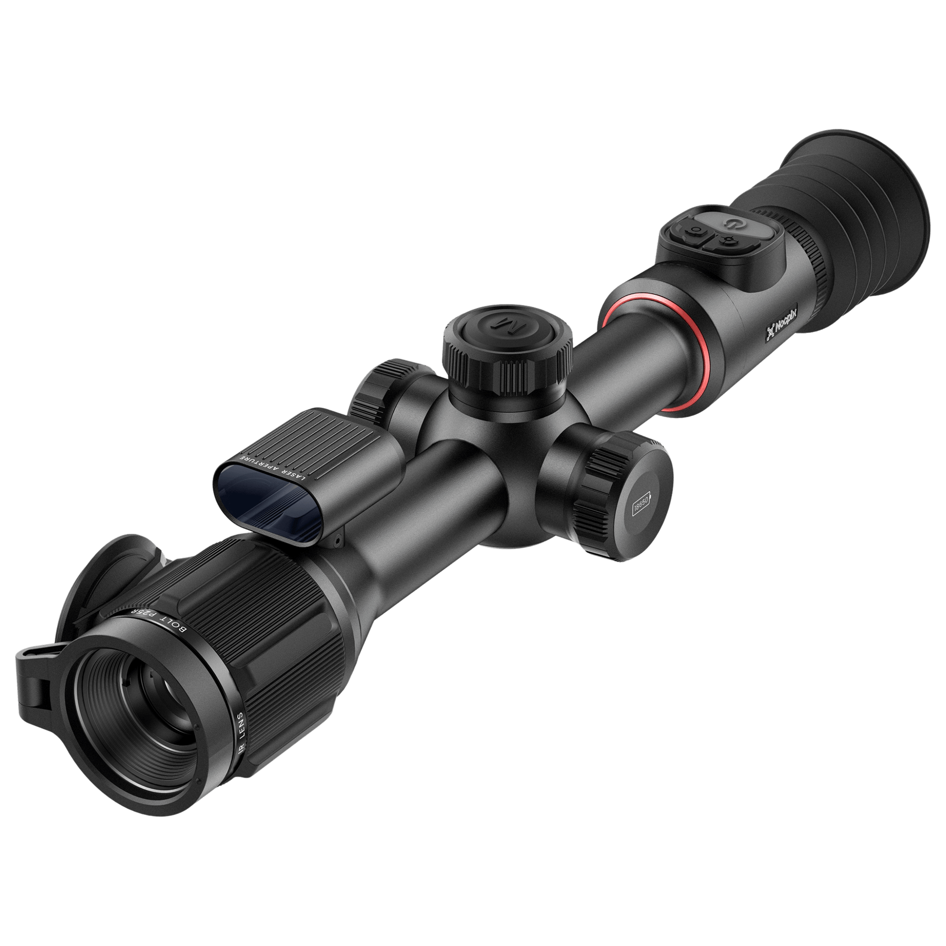 A black thermal riflescope, the Noctpix Bolt P25R, is shown from a left-side angle. The scope has a wide front objective lens, a central body with turrets for adjustments