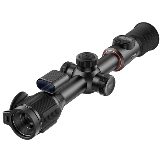 A black thermal riflescope, the Noctpix Bolt P25R, is shown from a left-side angle. The scope has a wide front objective lens, a central body with turrets for adjustments