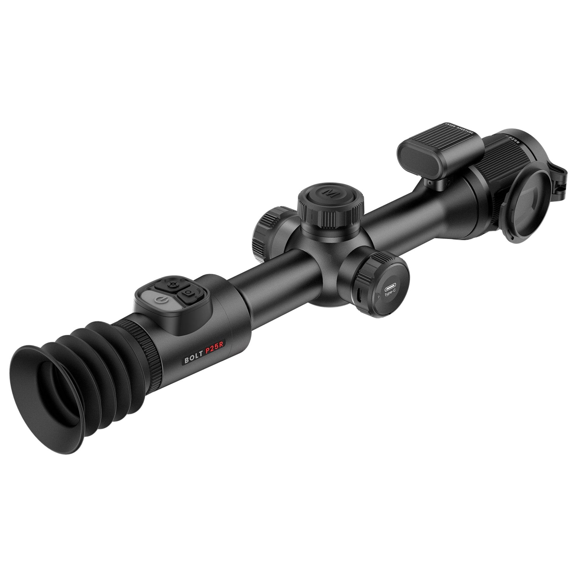 
A black Noctpix Bolt P25R thermal riflescope is shown from a back-right angle, highlighting the rubber ocular cup, the control panel with the power button, the brand name on the side, and the turrets.