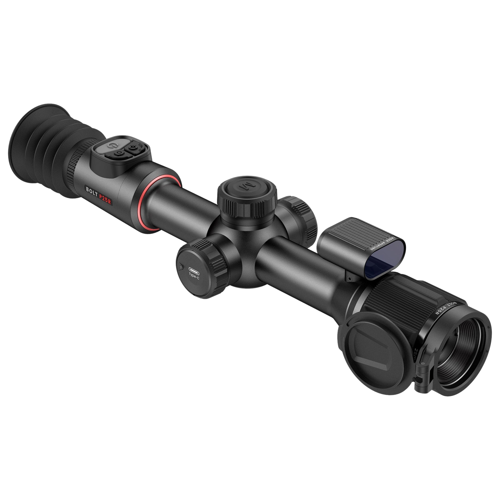 A black thermal riflescope, the Noctpix Bolt P25R, is shown from a right-side view. The large objective lens is at the front, with a screw-on cap. A top-mounted control panel with a power button and other controls is visible near the rear of the scope. The main tube has turrets for adjustments on the top and right side.