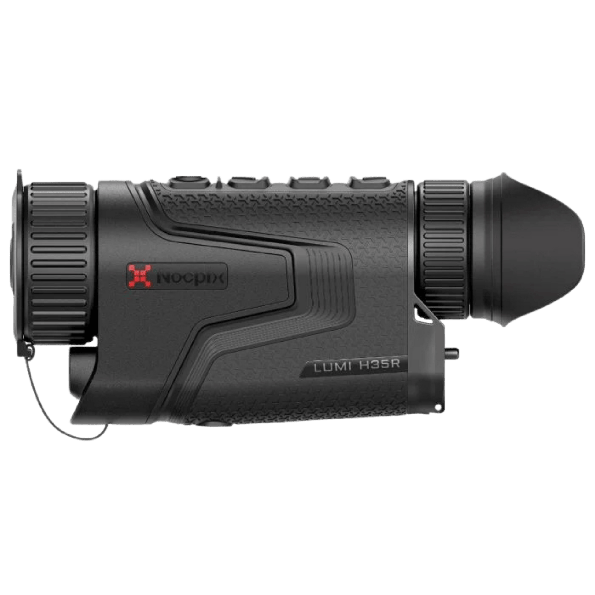 Handheld view of the 375g Nocpix Lumi thermal monocular, demonstrating its pocket-sized ergonomic design for professional tracking.