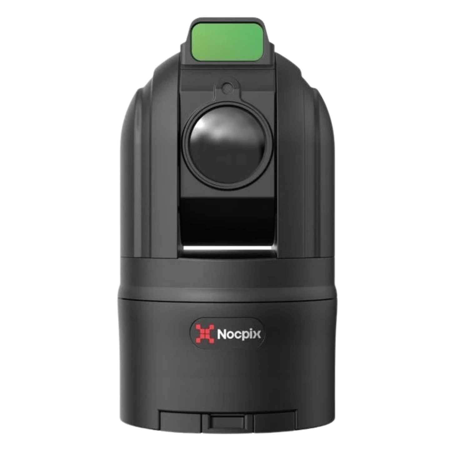 Nocpix MT-M6T25S, a black vehicle-mounted thermal dome camera designed for 360-degree observation. Front facing view of the lens and LRF with nocpix logo