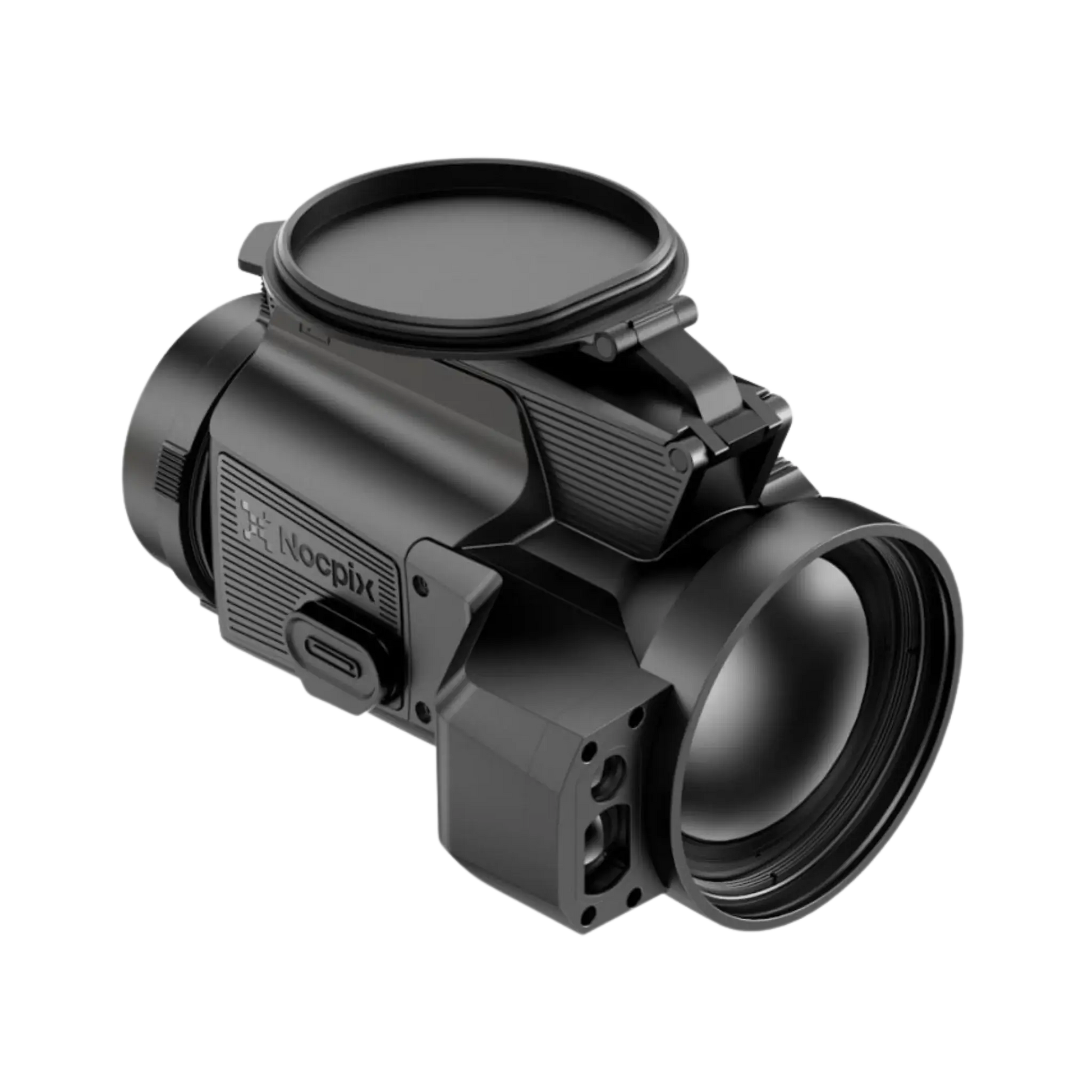 Front left angle of the Nocpix Mate ULTRA S60R thermal clip-on attachment, displaying the rugged magnesium alloy body and Built in Laser range finder