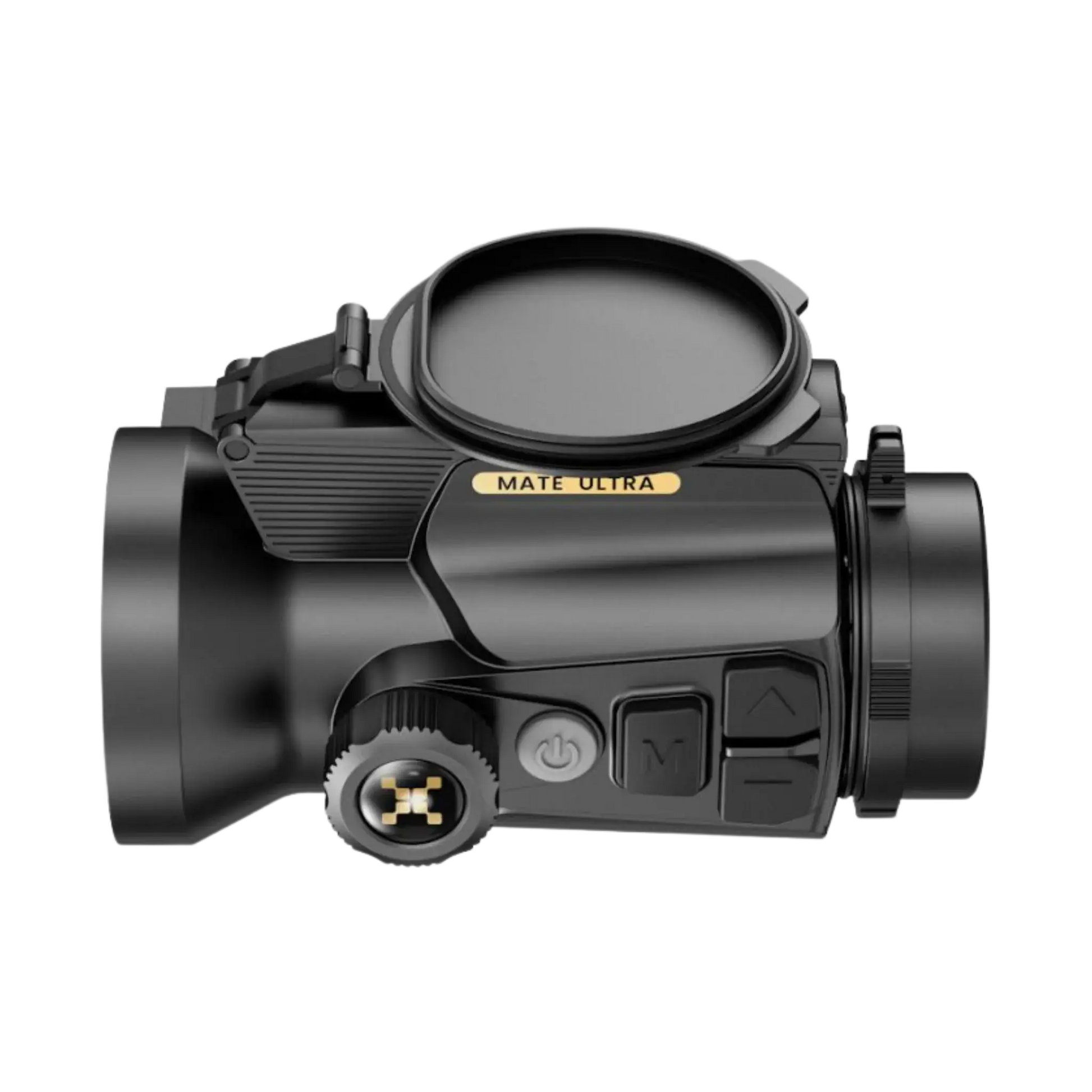 Side left profile of the Nocpix Mate ULTRA S60R thermal clip-on, highlighting the  lens focus knob and button layout