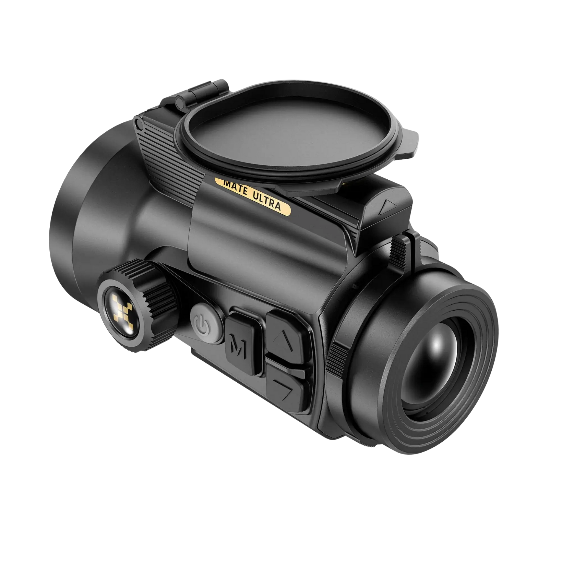 Rear left view of the Nocpix Mate ULTRA S60R thermal attachment, featuring the eyepiece connection and power button layout