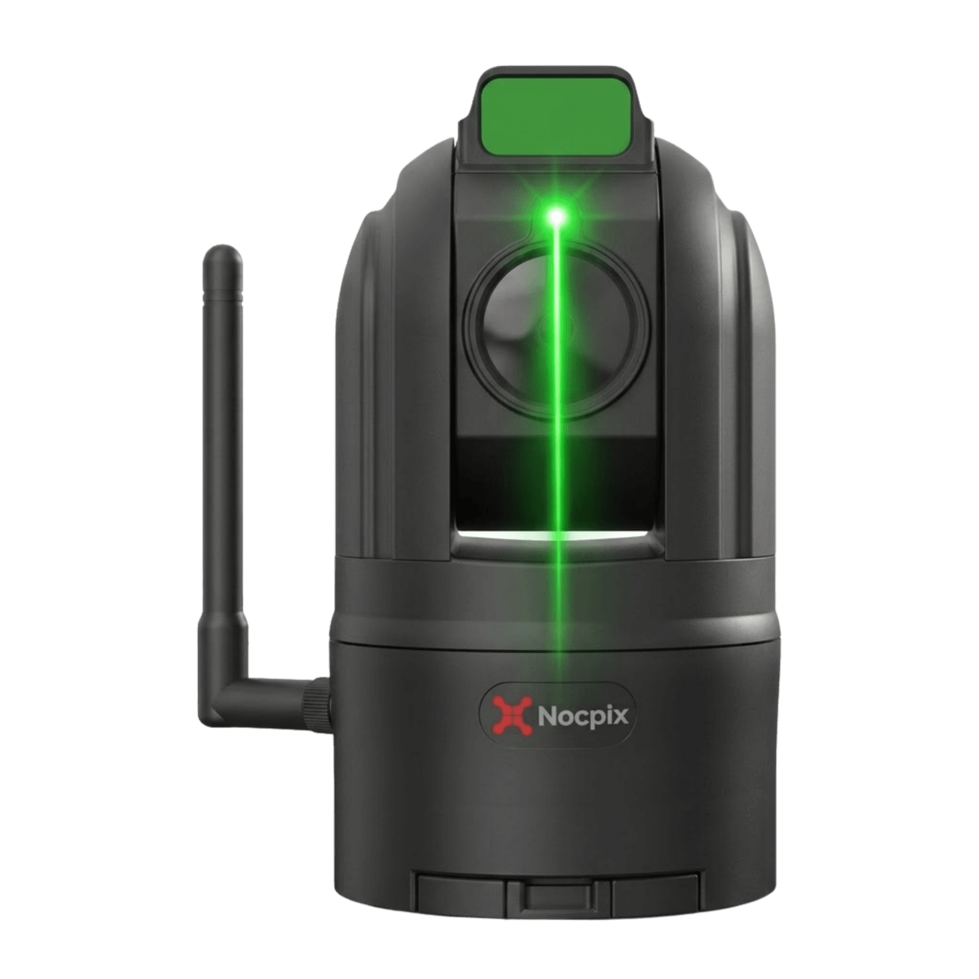 Front view of a blackNocpix MT-M6T25SNA  unit with a distinct green laser beam shooting straight down vertically from the small circular sensor directly above the main lens structure.