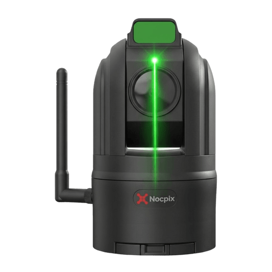 Front view of a blackNocpix MT-M6T25SNA  unit with a distinct green laser beam shooting straight down vertically from the small circular sensor directly above the main lens structure.