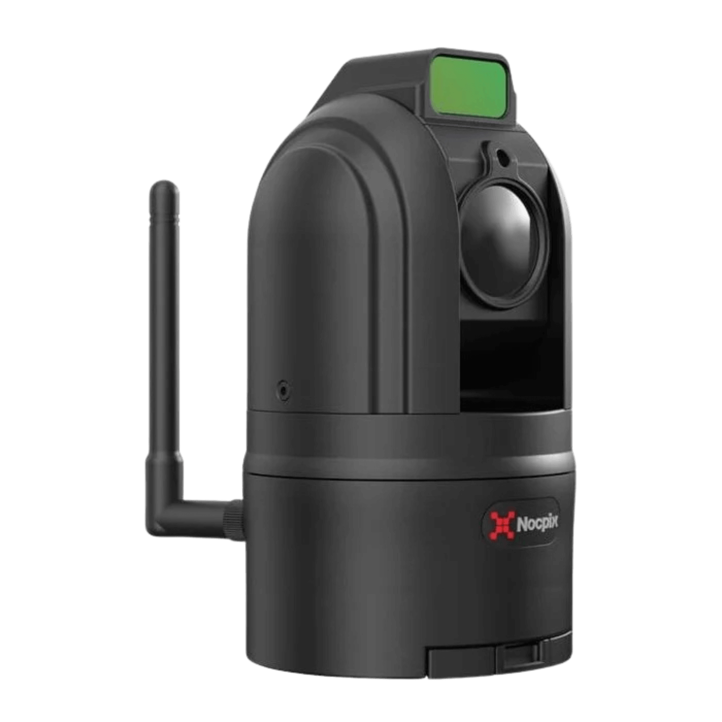 Nocpix MT-M6T25S, a black vehicle-mounted thermal dome camera designed for 360-degree observation,. The device features a rotating upper turret housing a large central thermal lens, with a Laser Rangefinder (LRF) positioned directly on top. A vertical Wi-Fi antenna extends from the left side of the stationary base to facilitate wireless control, and the red and white Nocpix logo is visible on the front of the unit