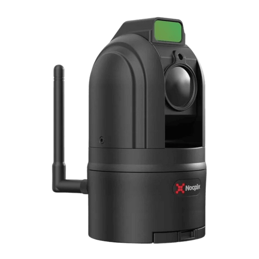 Nocpix MT-M6T25S, a black vehicle-mounted thermal dome camera designed for 360-degree observation,. The device features a rotating upper turret housing a large central thermal lens, with a Laser Rangefinder (LRF) positioned directly on top. A vertical Wi-Fi antenna extends from the left side of the stationary base to facilitate wireless control, and the red and white Nocpix logo is visible on the front of the unit