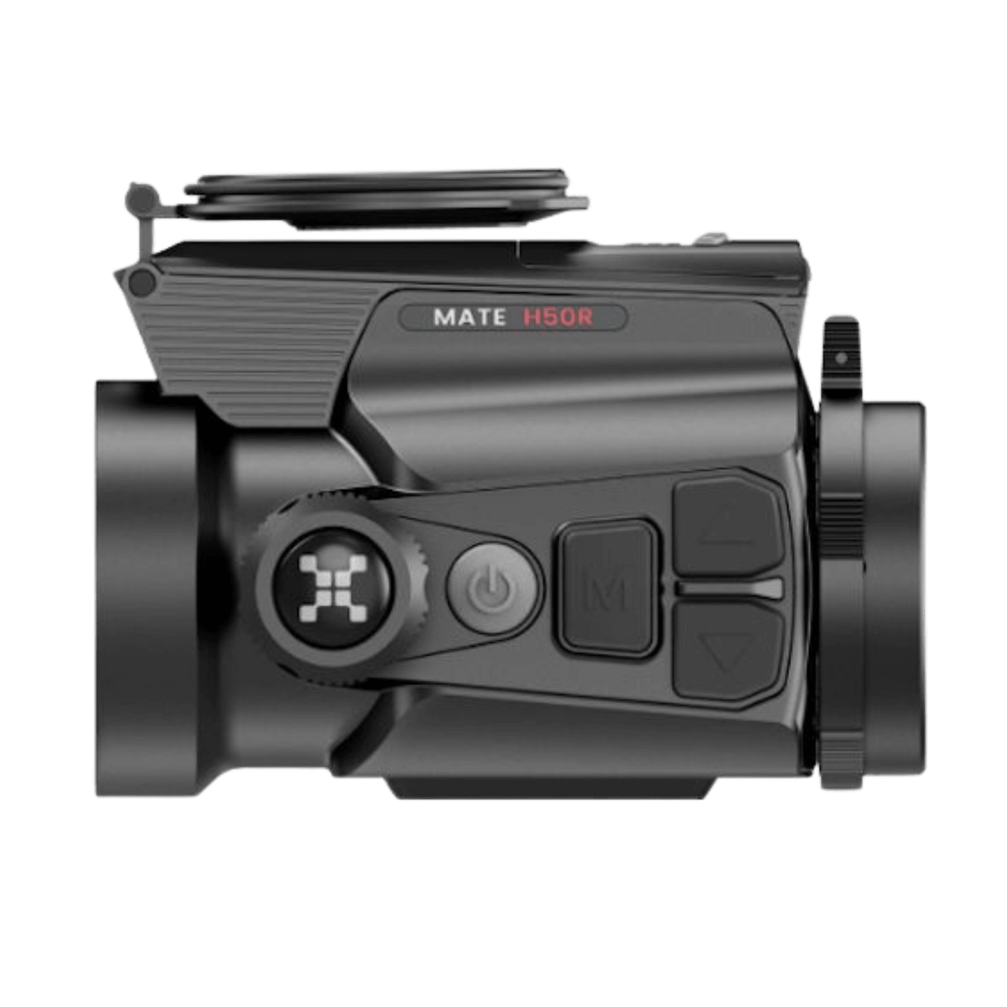 Nocpix Mate H50R hermal imaging clip-on side profile of device showcasing full button layout with focus knob Nocpix logo and model name