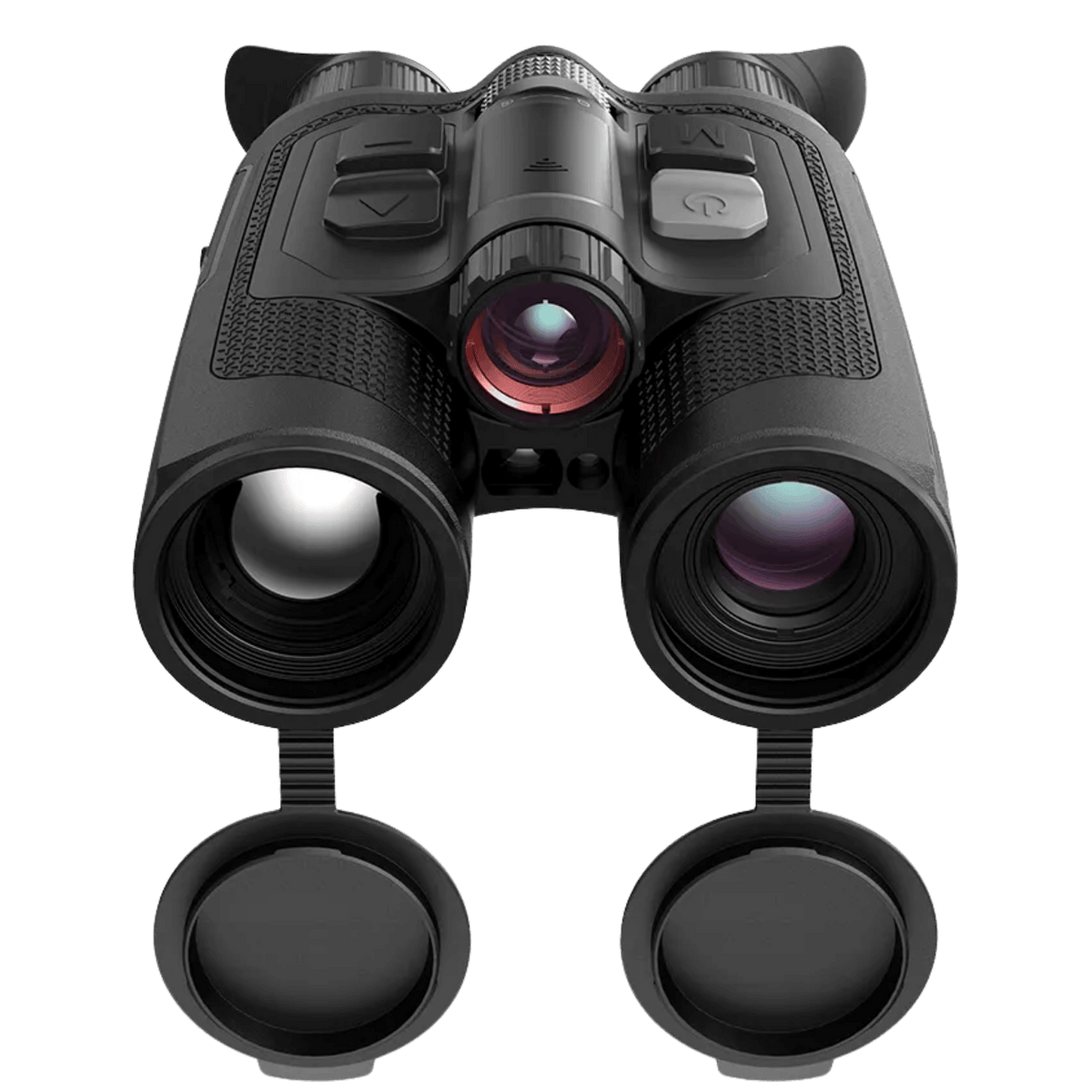 Nocpix OMNI H35R multispectral binocular front angle highlighting the dual optical lenses, integrated laser rangefinder, auxiliary infrared illuminator, and rugged textured housing