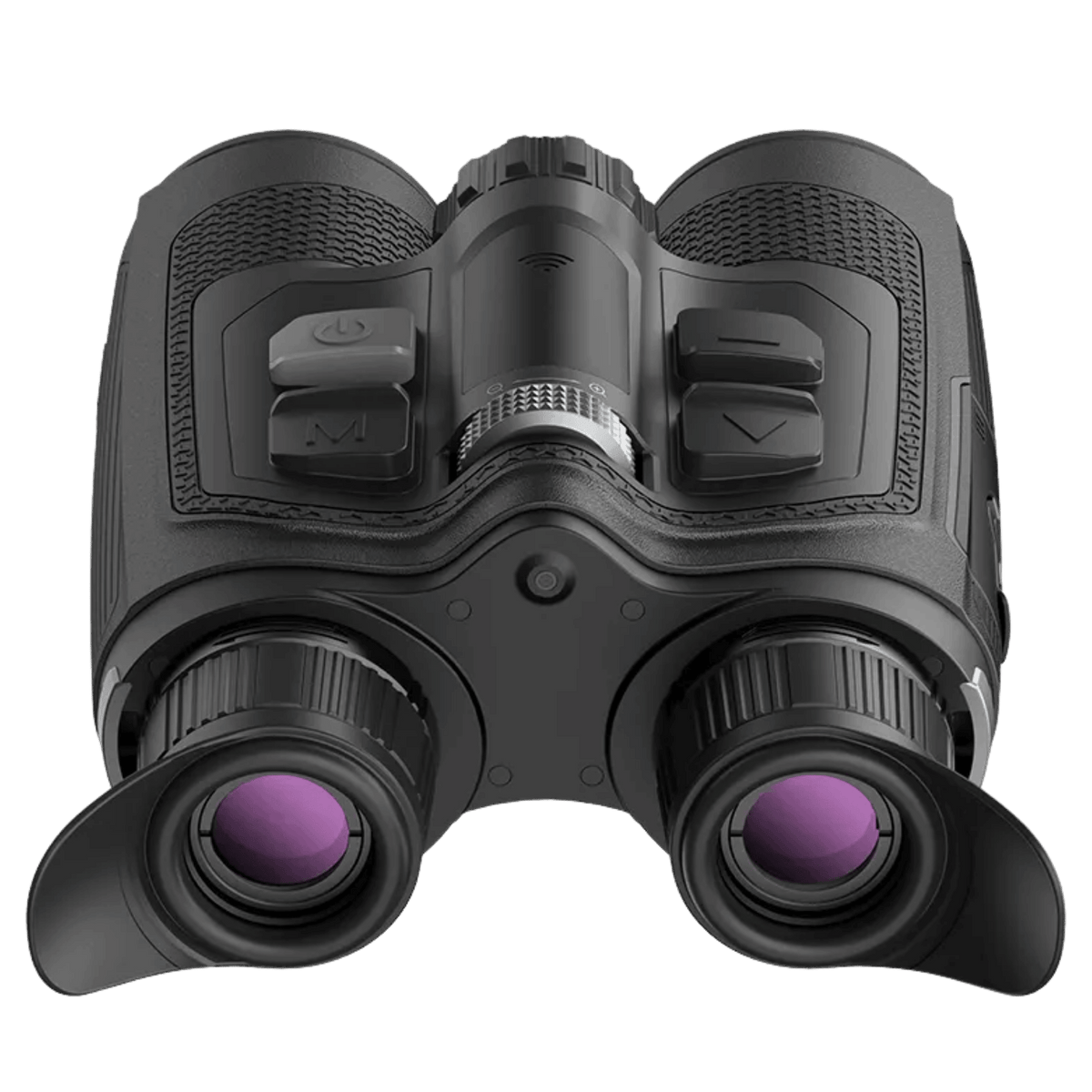 Nocpix OMNI H35R rear angle showcasing the binocular AMOLED viewing display, contoured rubber eyeshades, and tactical push-button layout