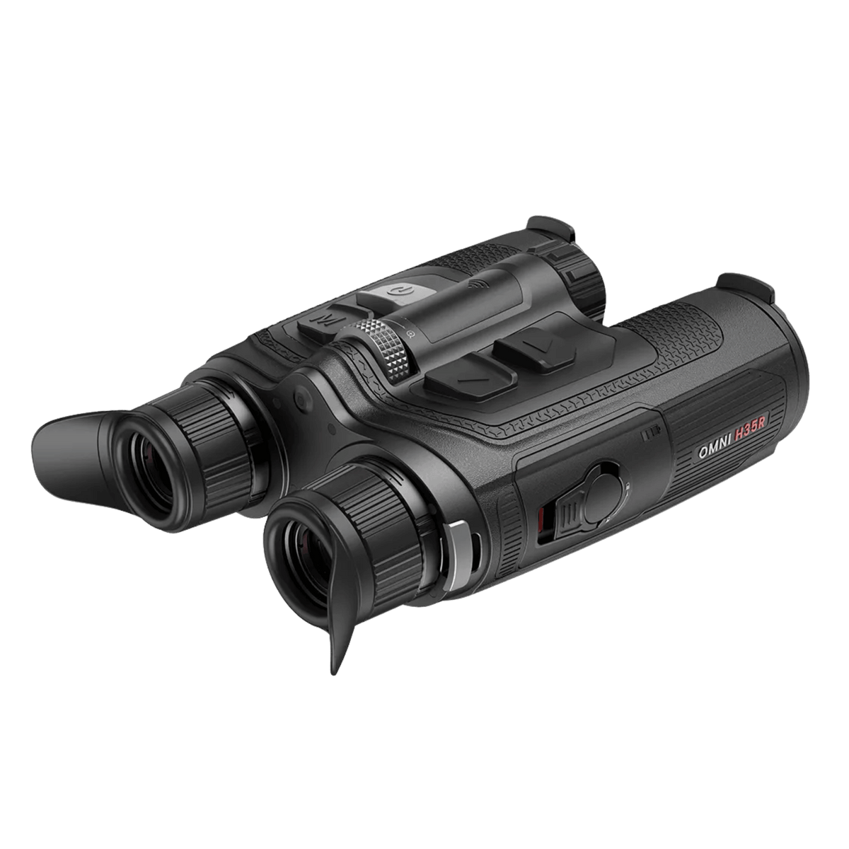 Rear left three-quarter view of the Nocpix OMNI H35R showcasing the winged rubber eyeshades, battery compartment release latch, and diopter adjustment rings