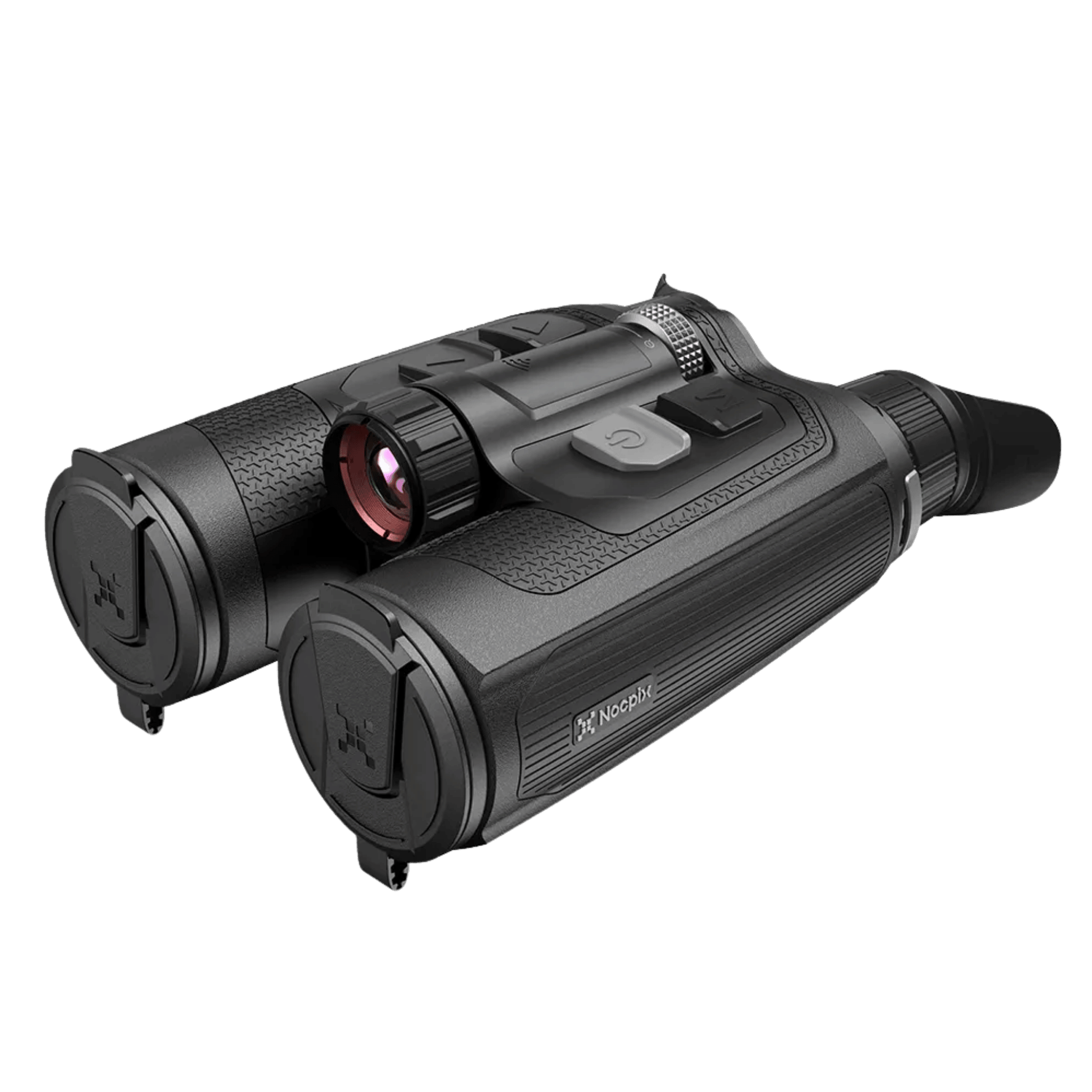 Front right three-quarter view of the Nocpix OMNI H35R dual-spectrum binocular with dual protective lens caps, central laser rangefinder module, and ergonomic design