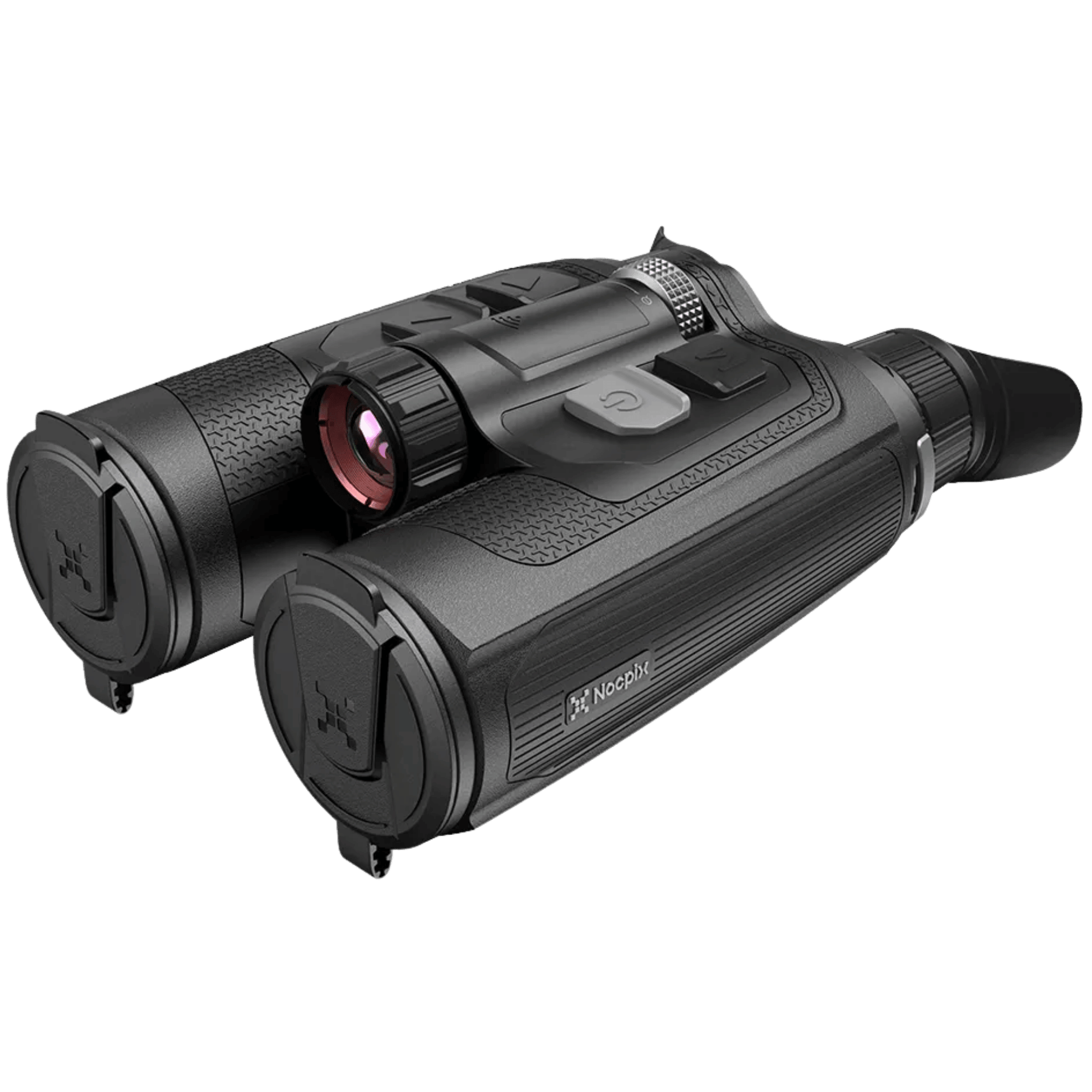 Front right three-quarter view of the Nocpix OMNI L19R dual-spectrum binocular with dual protective lens caps, central bridge with IR illuminator