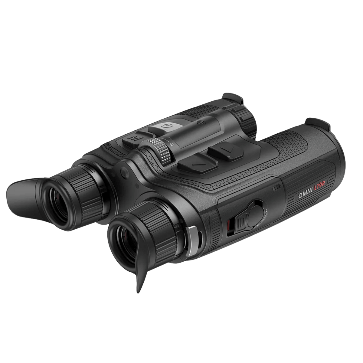 Rear left three-quarter view of the Nocpix OMNI L19R showing the digital zoom ring, eyepiece assembly, and side focus adjustments