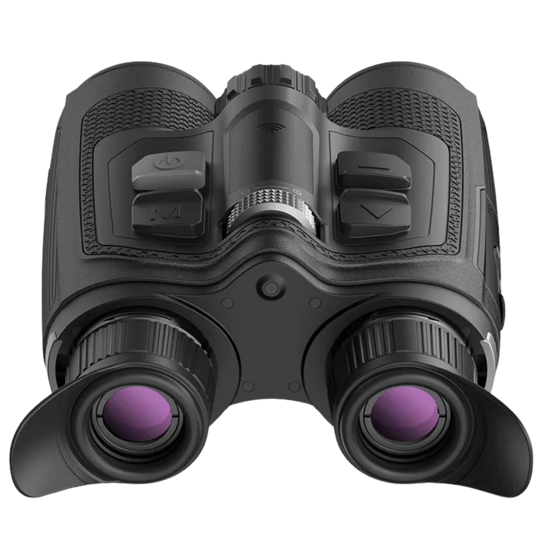 Rear view of the Nocpix OMNI L19R showcasing the dual AMOLED ocular lenses, winged ergonomic eyeshades, diopter adjustment rings, and top-panel control buttons