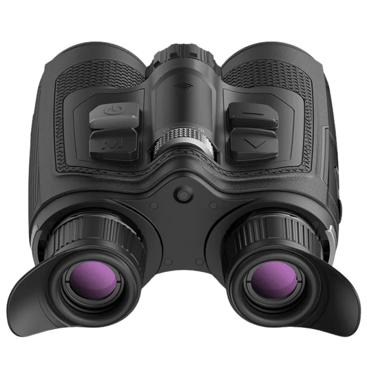 Rear view of the Nocpix OMNI L19R showcasing the dual AMOLED ocular lenses, winged ergonomic eyeshades, diopter adjustment rings, and top-panel control buttons