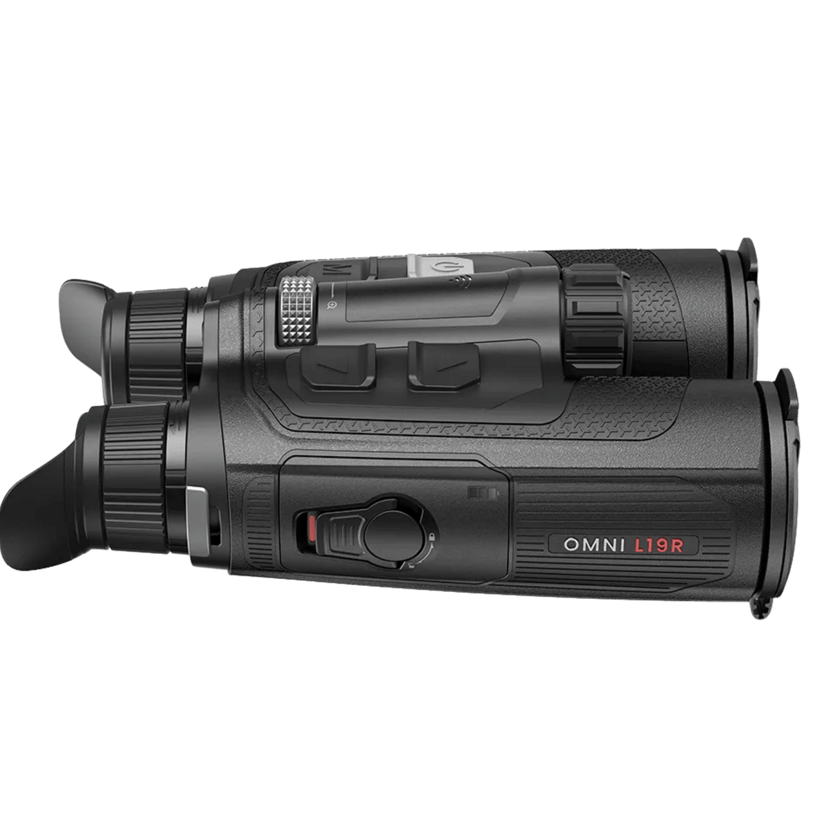 Right side profile of the Nocpix OMNI L19R dual-spectrum binocular showing the ergonomic barrel contours, focusing dial, and red model branding