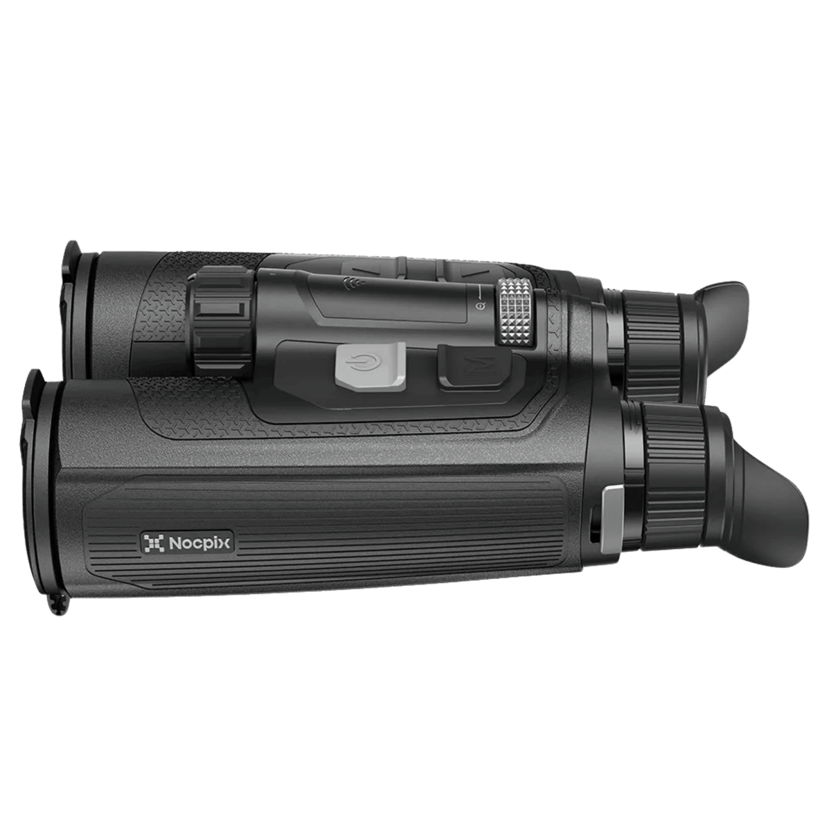 Left side profile of the Nocpix OMNI L19R showing the barrel length, battery compartment locking latch, and sleek dual-channel optical housing