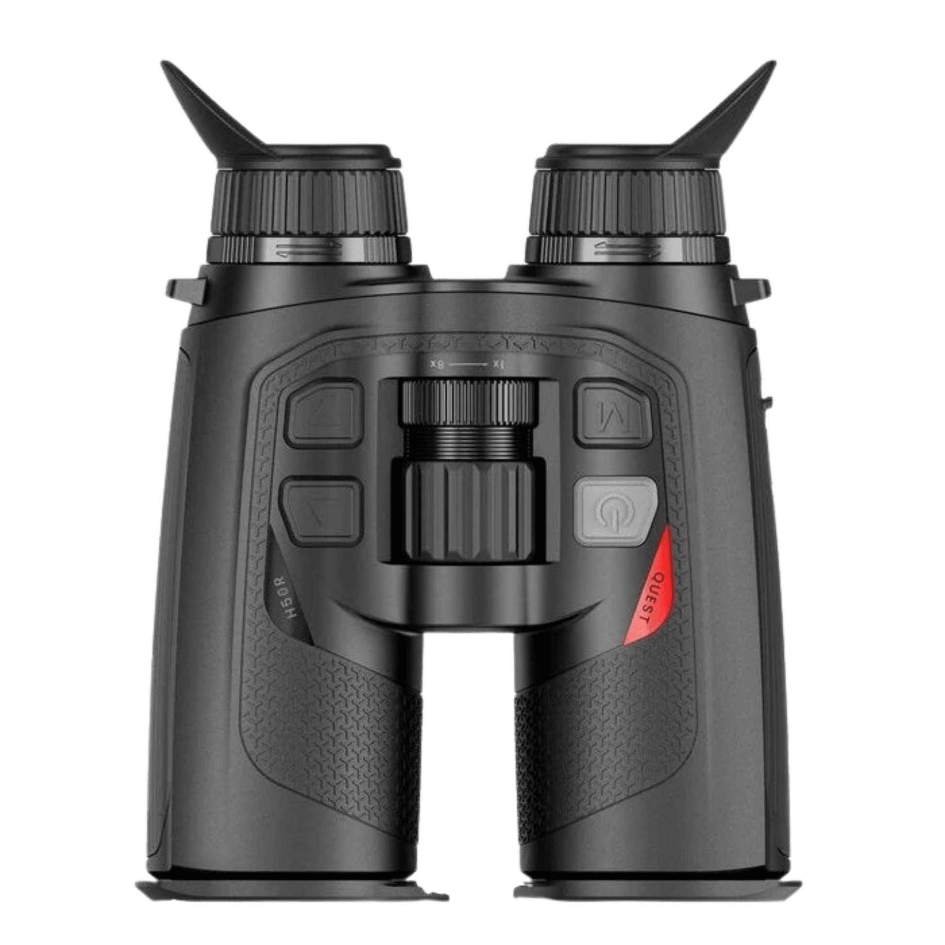 A compact, durable thermal imaging binocular (Nocpix Quest H35R) designed for harsh environments, featuring a full-rubber coating and IP67 rating,. It integrates a concealed Laser Rangefinder (LRF), and is engineered for one-handed operation - Down facing image of device showcasing button layout, manual focus wheels