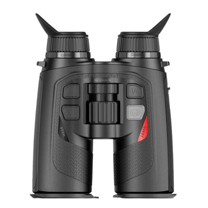 A compact, durable thermal imaging binocular (Nocpix Quest H35R) designed for harsh environments, featuring a full-rubber coating and IP67 rating,. It integrates a concealed Laser Rangefinder (LRF), and is engineered for one-handed operation - Down facing image of device showcasing button layout, manual focus wheels