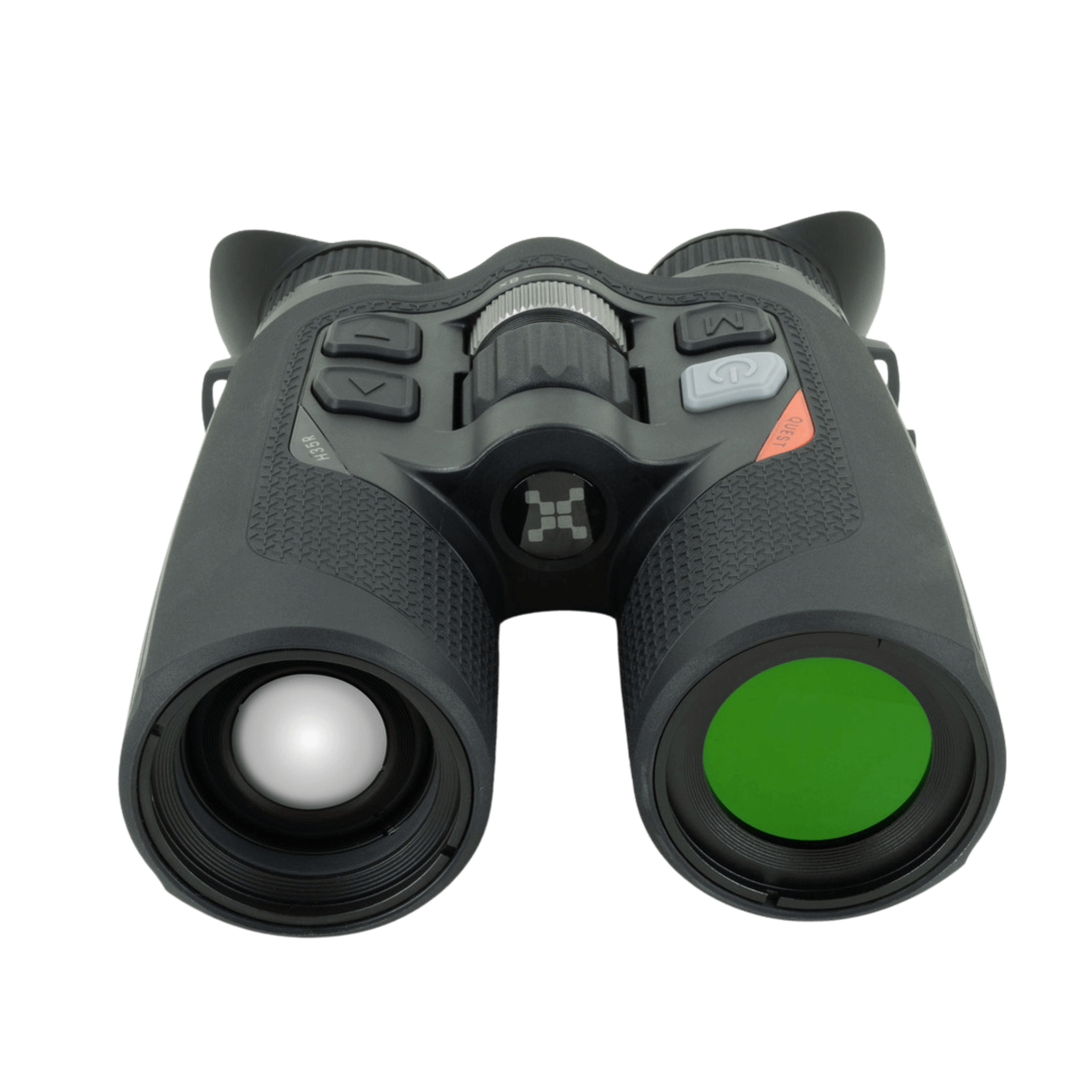  Focus on Form Factor and Handling The traditional binocular style Quest H35R is a robust thermal imaging device, optimized for single-handed control - Front Lens view showcasing 35mm lens and 1000 meter Laser range finder
