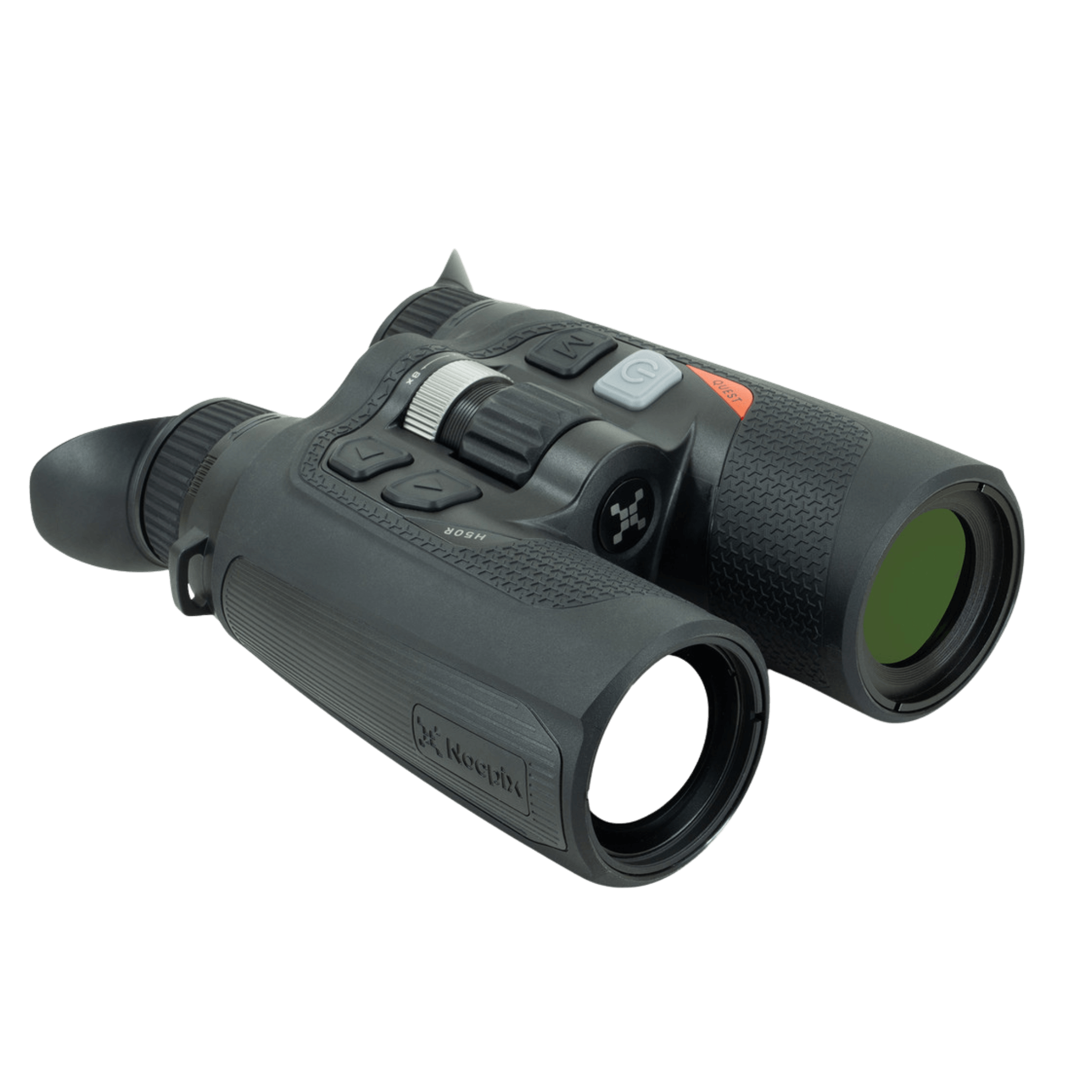 Rugged IP67-rated thermal binocular (Quest H50R) built with a full-rubber coating for durability, featuring an integrated 1000m Laser Rangefinder (LRF) for precise targeting in adverse outdoor conditions. Front Left View of Binoculars featuring button layout and manual focus wheel