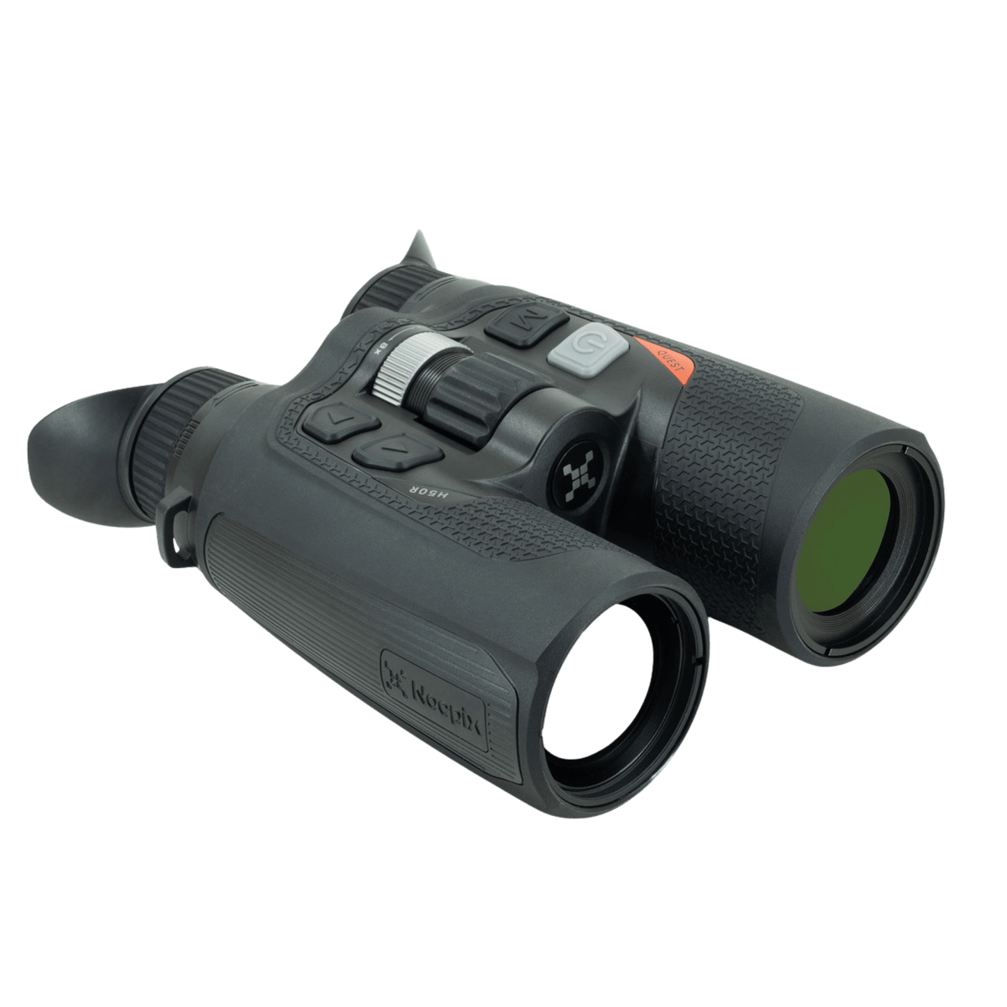 Rugged IP67-rated thermal binocular (Quest H50R) built with a full-rubber coating for durability, featuring an integrated 1000m Laser Rangefinder (LRF) for precise targeting in adverse outdoor conditions. Front Left View of Binoculars featuring button layout and manual focus wheel