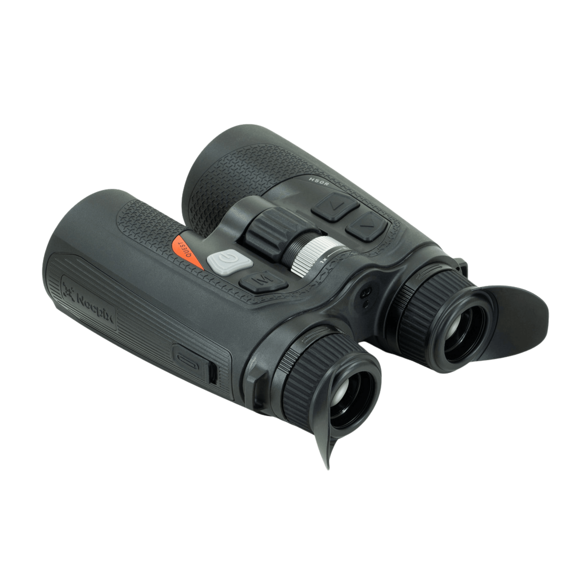 Compact and lightweight (under 700g), the Nocpix Quest H50R delivers advanced surveillance capabilities with its 640x512 thermal resolution and built-in 1000m Laser Rangefinder. Rear Left view of thermal binoculars feautring red quest logo with button layout