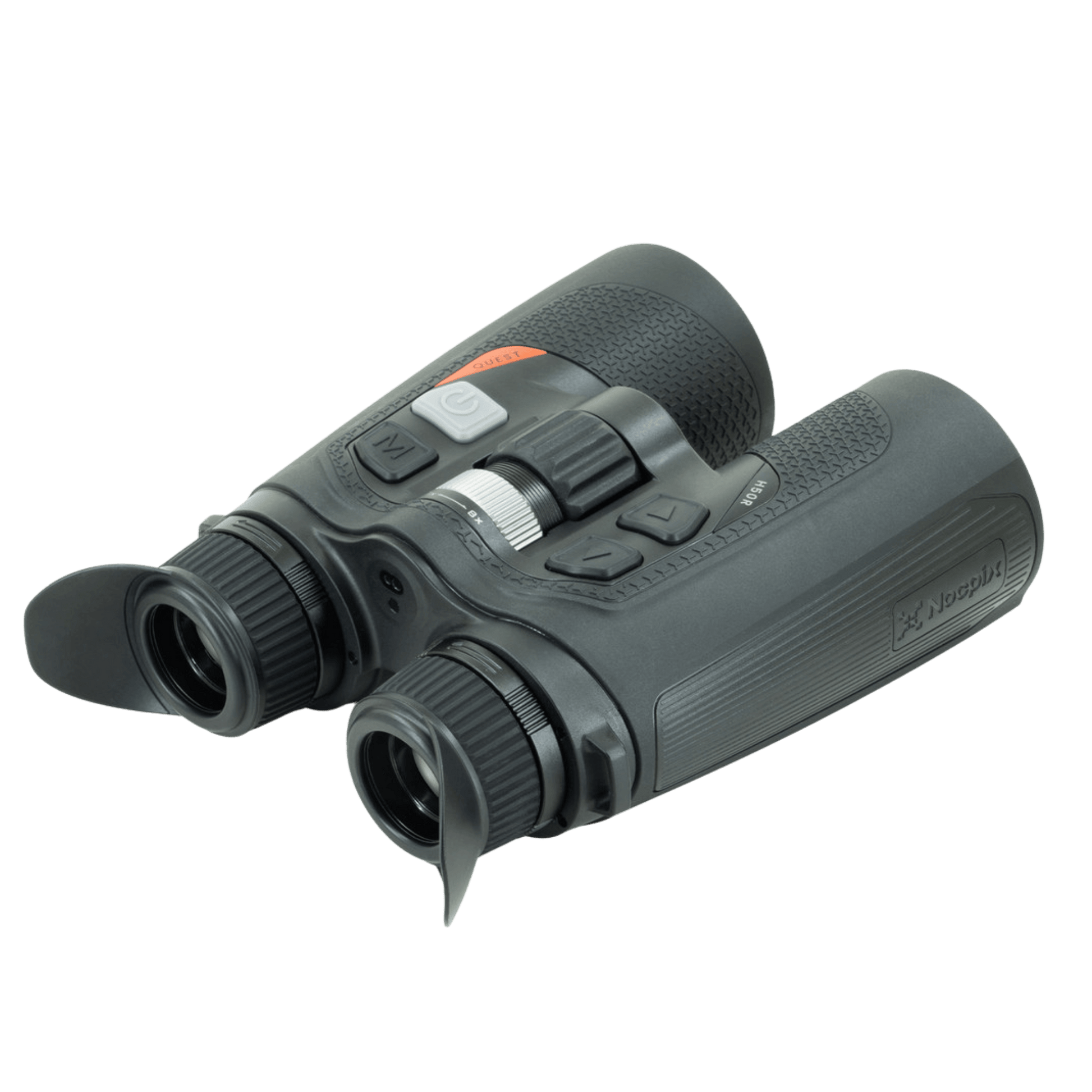  The traditional binocular-style Quest H50R, showcasing its 50mm objective lens and ergonomic housing designed for one-handed operation via a simplified 4-button layout and central digital zoom control. Rear Right View with button layout and diopters 