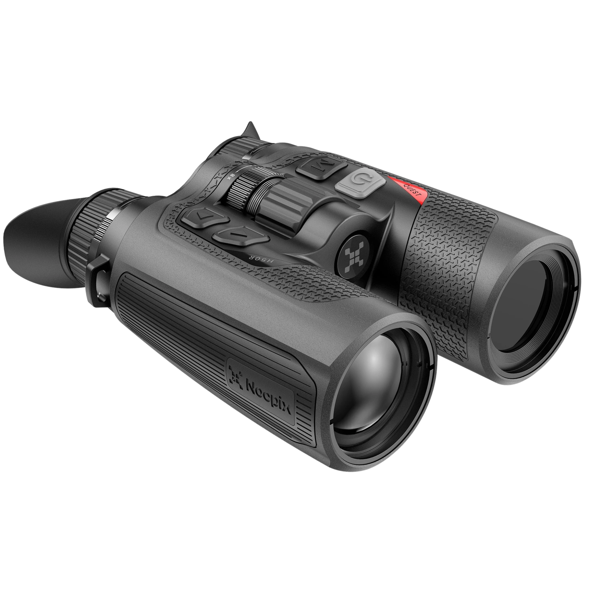 Nocpix QUEST Series - Black thermal binoculars right facing view of this device, showcasing the focus ring and user butons