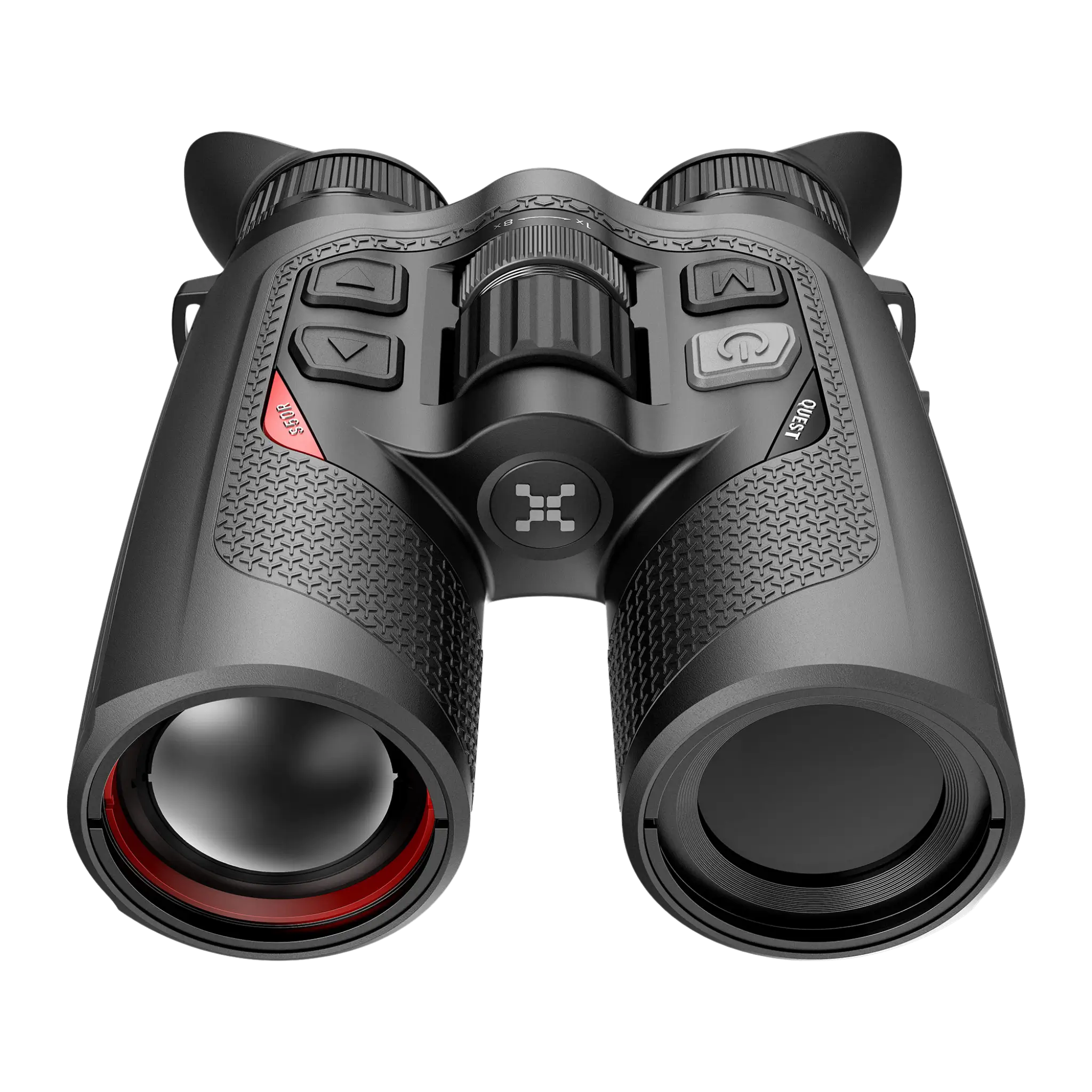 Close-up front view of the Nocpix Quest S50R, highlighting the large 50mm F1.1 germanium thermal lenses and the integrated laser rangefinder (LRF) module located centrally between the tubes.