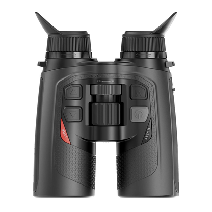 "Nocpix Quest S50R Thermal Binoculars resting on a surface, demonstrating the compact traditional binocular design and top-mounted rotary control wheels for zoom and focus.