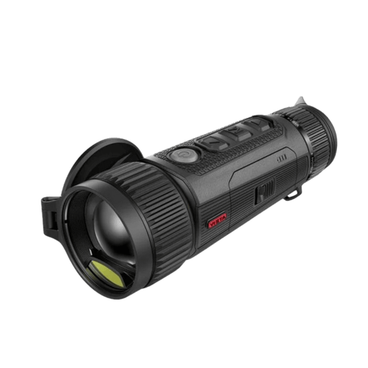 Nocpix Vista H50R cylindrical thermal monocular with integrated 1200m Laser Rangefinder (LRF) and massive F0.9 objective lens.
